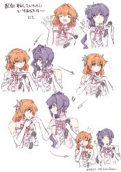 Rule 34 | ..., 2girls, 4th live dream ~bloom the dream believers~, :d, ^ ^, absurdres, arrow (symbol), aurora flower (love live!), bare shoulders, blush, breasts, butterfly hair ornament, closed eyes, closed mouth, commentary request, cross-laced clothes, cross-laced top, grabbing another&#039;s hand, green eyes, hair ornament, heart, highres, hinoshita kaho, holding, holding microphone, link! like! love live!, long hair, looking at another, love live!, medium breasts, medium hair, microphone, multiple girls, neck ribbon, nose blush, official alternate costume, open mouth, orange hair, otomune kozue, pink ribbon, profile, purple hair, ribbon, sequential, shirt, simple background, sio pasta, sleeveless, sleeveless shirt, smile, split mouth, sweatdrop, thumbs up, two side up, virtual youtuber, white background, white shirt, yuri