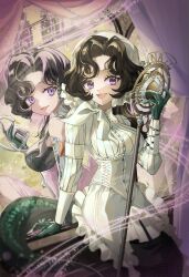 2girls :d anjo_nala bare_shoulders black_hair black_skirt breasts coif corset curled_horns curtains dress dual_persona gloves green_gloves green_tail grey_gloves grey_horns hand_up hat highres holding holding_microphone_stand horns lizard_tail long_hair low_horns medium_breasts microphone microphone_stand minnim multiple_girls neckerchief open_mouth parted_bangs pink_dress pinstripe_pattern pinstripe_shirt purple_eyes reverse:1999 shirt skirt sleeveless sleeveless_dress smile stage_curtains striped_clothes striped_shirt tail vertical-striped_clothes vertical-striped_shirt vintage_microphone white_corset white_hat white_neckerchief white_shirt