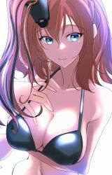 Rule 34 | 1girl, arm under breasts, bikini, black bikini, blue eyes, breasts, brown hair, hair between eyes, high side ponytail, highres, kantai collection, large breasts, looking at viewer, navel, one-hour drawing challenge, saratoga (kancolle), saratoga kai (kancolle), sidelocks, simple background, smile, smokestack hair ornament, solo, swimsuit, tsukasa (tukasa br), white background