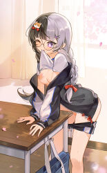 Rule 34 | 1girl, bag, black hair, black jacket, blue bag, blush, braid, breasts, cherry blossoms, classroom, closed mouth, clothes in mouth, clothes pull, crotch rub, desk, dog hair ornament, grey hair, hair ornament, hair ribbon, hairclip, highres, jacket, long hair, long sleeves, masturbation, medium breasts, mouth hold, multicolored hair, nipples, open clothes, open jacket, original, purple eyes, pussy juice, red ribbon, ribbon, round eyewear, school bag, school desk, shirt, shirt in mouth, shorts, shorts pull, solo, split-color hair, sweatdrop, table humping, twin braids, white shirt, yayako (804907150), zipper pull tab