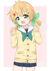 1girl :d antenna_hair aqua_neckerchief blonde_hair blue_skirt border cardigan commentary_request cowboy_shot green_eyes hair_ornament hairclip hands_up hao_(pila-pela) highres long_sleeves looking_at_viewer low_twintails medium_hair neckerchief open_mouth original pila-pela pink_background pleated_skirt sailor_collar school_uniform skirt sleeves_past_wrists smile solo twintails white_border white_sailor_collar yellow_cardigan