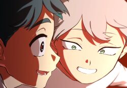 Rule 34 | 2boys, alien stage, black eyes, black hair, commentary, green eyes, grey hair, highres, ivan (alien stage), looking at another, male focus, multiple boys, oekakizukiyaro, open mouth, red pupils, short hair, smile, till (alien stage), very short hair