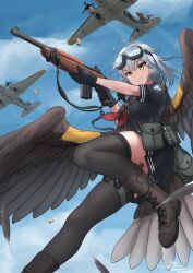 Rule 34 | 1girl, absurdres, aircraft, airplane, ammunition pouch, bird girl, bird tail, bird wings, black thighhighs, bomber, boots, cloud, cloudy sky, explosive, feathered wings, feathers, goggles, goggles on head, grenade, gun, highres, holding, holding gun, holding weapon, m1 carbine, magazine (weapon), military vehicle, original, pouch, rifle, school uniform, shell casing, sky, tactical school uniform, tail, teisei misagi, thighhighs, weapon, wings