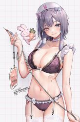 10_plus 1girl ambi_(vtuber) animal_ears bandaged_ear bandaid_on_ear blue_eyes blush bow bow_bra bow_choker bra breasts carrot choker cleavage collarbone commentary commission cowboy_shot floral_print flower_tattoo frilled_panties frills garter_straps grid_background hand_up hat head_tilt heterochromia highres holding holding_syringe indie_virtual_youtuber intravenous_drip lace lace-trimmed_bra lace-trimmed_panties lace_trim large_breasts looking_at_viewer lop_rabbit_ears medium_hair navel nurse_cap panties purple_bra purple_hair purple_panties rabbit rabbit_ears red_eyes skeb_commission smile solo stomach symbol-only_commentary syringe tattoo thighhighs twitter_username underwear underwear_only virtual_youtuber white_choker white_hat white_thighhighs