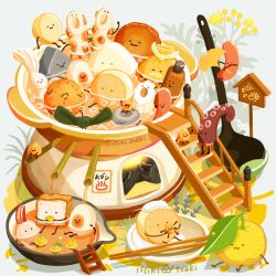 artist_name bird bowl chopsticks closed_eyes cooking cooking_pot egg egg_(food) food food_focus fried_egg fruit issiki_toaki ladder leaf lemon lemon_slice mushroom no_humans noodles oden original plate shrimp simple_background soup spoon stairs towel