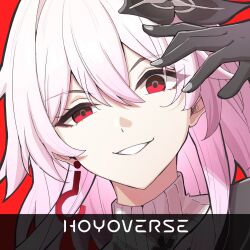 Rule 34 | 1girl, arm up, asiri senpai, black flower, black gloves, commentary, earrings, evernight (honkai: star rail), evil smile, flower, gloves, hair between eyes, hair flower, hair ornament, hashtag-only commentary, highres, honkai: star rail, honkai (series), jewelry, long hair, looking at viewer, march 7th (honkai: star rail), mihoyo icon parody, pink hair, portrait, red eyes, simple background, single earring, smile, solo, twitter username, white background