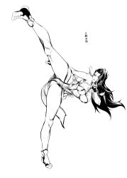 1girl absurdres feet high_kick highres kicking ling_luo_xi_yang long_hair luong monochrome parted_lips snk soles stirrup_legwear toeless_legwear toes