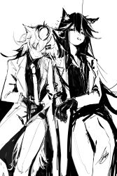 2girls animal_ears ankoro_mochi arknights black_hair black_shirt cigarette closed_mouth greyscale half-closed_eyes high_contrast highres jacket lappland_(arknights) long_hair messy_hair monochrome multiple_girls pants shirt simple_background sketch smile smoking texas_(arknights) white_background