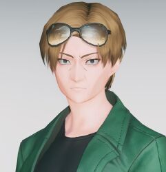 1boy black_eyes black_shirt brown_hair closed_mouth collared_jacket glasses green_jacket jacket long_hair looking_at_viewer open_clothes open_jacket serious shirogane_miyuki&#039;s_father shirt simple_background solo white_background