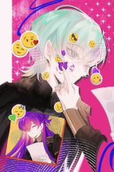 Rule 34 | 1boy, 1girl, anshango, armor, black armor, blush, closed eyes, female shez (fire emblem), fire emblem, fire emblem: three houses, fire emblem warriors: three hopes, garreg mach monastery uniform, green eyes, green hair, hair bun, hair over one eye, highres, holding, holding paper, index finger raised, long hair, long sleeves, looking at another, male byleth (enlightened) (fire emblem), male byleth (fire emblem), nintendo, one eye covered, paper, pout, purple hair, short hair, single hair bun, sticker, sticker on face