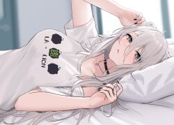 1girl absurdres ahoge animal_ears black_choker black_nails blurry blurry_background breasts choker closed_mouth commentary day double-parted_bangs grey_eyes grey_hair hair_between_eyes hand_up head_on_pillow highres hololive indoors jewelry large_breasts lion_ears long_hair long_hair_between_eyes looking_at_viewer lying messy_hair nail_polish necklace official_alternate_costume official_alternate_hairstyle on_bed on_side pillow shirt shishiro_botan shishiro_botan_(casual) single_off_shoulder solo symbol-only_commentary t-shirt virtual_youtuber wanne white_shirt