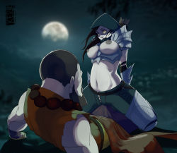1boy 1girl armor beads beard black_hair breasts brown_hair demon_hunter diablo_(series) diablo_3 erection facial_hair girl_on_top glowing glowing_eyes grinding hood jewelry kumbhker large_breasts midriff monk monk_(diablo_3) moon necklace nipples penis straddling yellow_eyes