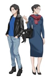 Rule 34 | 1boy, 1girl, absurdres, alternate costume, bag, black hair, brother and sister, carrying bag, character request, copyright request, dress, elbow carry, full body, glasses, hair bun, high heels, highres, jacket, long hair, long sleeves, pants, pomelomelon, ponytail, scarf, shirt, short hair, siblings, single hair bun, twins, very long hair, white background