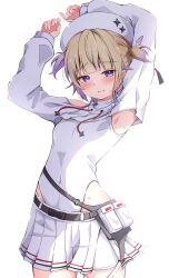 1girl absurdres armpit_cutout armpits arms_up beret blonde_hair blush breasts clothing_cutout hat highres hololive hololive_dev_is leotard official_alternate_costume pleated_skirt presenting_armpit purple_eyes simple_background skirt small_breasts sweat t4n4k4_no_yosei todoroki_hajime todoroki_hajime_(regloss_uniform) transparent_background two_side_up virtual_youtuber white_leotard