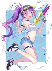 Rule 34 | 1girl, :d, alternate costume, arm strap, barbell piercing, bare shoulders, bikini, bikini under shorts, black choker, breasts, center-flap bangs, choker, collarbone, colored inner hair, commentary, demon girl, denim, denim shorts, double-parted bangs, ear piercing, fang, feet, frayed shorts, frilled bikini top, full body, gradient hair, green eyes, green nails, hands up, hashtag-only commentary, highleg, highleg bikini, highres, holding, holding water gun, hololive, industrial piercing, long hair, looking at viewer, multicolored hair, nail polish, nametakeko, navel, navel piercing, no tail, o-ring, o-ring thigh strap, open mouth, pendant choker, piercing, pink hair, pink nails, platform sandals, pointy ears, ponytail, purple hair, sandals, shorts, small breasts, smile, solo, spiked ear piercing, stomach, strapless, strapless bikini, swimsuit, thigh strap, toenail polish, toenails, tokoyami towa, torn clothes, torn shorts, very long hair, virtual youtuber, visor cap, water gun, white bikini