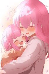 ^_^ absurdres ahoge black_shirt blunt_ends blush bocchi_the_rock! brown_background brown_hoodie cardigan carrying child child_carry choppy_bangs closed_eyes commentary_request crying dot_nose falling_petals gotoh_futari gotoh_hitori gradient_background grey_cardigan hair_between_eyes happy happy_tears heart heart_ahoge highres hood hooded_cardigan hoodie hrtahm long_bangs long_hair medium_hair open_cardigan open_clothes open_mouth petals pink_hair pink_skirt pleated_skirt shirt siblings sisters skirt smile straight_hair tears upper_body warm_colored wavy_mouth