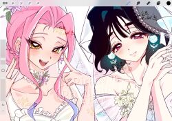 Rule 34 | 2girls, alien stage, alternate costume, art program in frame, black hair, blue hair, bridal veil, bun with braided base, butterfly earrings, chinese commentary, clematis (flower), closed mouth, collar, commentary request, dress, earrings, floating earring, flower, frilled collar, frilled dress, frills, hair intakes, highres, jewelry, long hair, mizi (alien stage), multicolored hair, multiple girls, open mouth, pink hair, see-through clothes, see-through veil, sidelocks, signature, smile, sphere earrings, sua (alien stage), tu juan, two-tone hair, veil, watermark, wedding dress, white dress, yellow eyes
