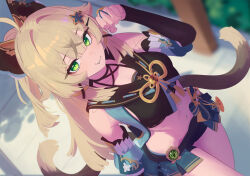 1girl absurdres ahoge animal_ears bare_shoulders bell black_tank_top blue_skirt blue_vest blush breasts brown_hair cat_ears cat_girl cat_tail choker commentary commission crop_top daniel_deves detached_sleeves floral_print genshin_impact green_eyes hair_ornament hairclip high_ponytail highres jingle_bell kirara_(genshin_impact) long_hair looking_at_viewer medium_breasts miniskirt multiple_tails open_clothes open_vest ponytail sidelocks skirt smile solo tail tank_top tassel thighs two_tails vest