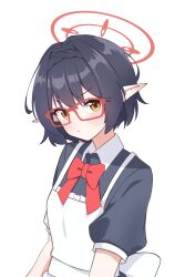 1girl absurdres alternate_costume apron asagizu ayane_(blue_archive) black_dress black_hair blue_archive bow bowtie commentary dress frilled_apron frills glasses halo highres looking_at_viewer pointy_ears red_bow red_bowtie red_halo short_hair simple_background white_apron white_background yellow_eyes