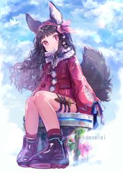 1girl absurdres animal_ear_fluff animal_ears bad_id bad_pixiv_id bare_legs black_hair blue_sky blunt_bangs boots dagger day female_focus flower full_body fur_collar hairband highres jacket knife long_hair long_sleeves looking_at_viewer original pink_eyes red_jacket rucaco sheath sheathed sitting sky sleeves_past_wrists solo tail thigh_strap wavy_hair weapon