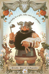 1boy animal beard big_nose border character_name commentary dungeon_meshi dwarf english_commentary english_text facial_hair fake_horns flower fur_trim genice_chan helmet highres holding holding_animal holding_ladle horned_helmet horns ladle lamb long_beard looking_at_viewer male_focus mandragora mustache ornate_border painterly pumpkin rabbit senshi_(dungeon_meshi) sheep signature sleeveless standing thick_mustache very_long_beard white_flower winged_lion_(dungeon_meshi)