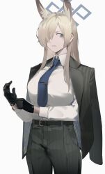 1girl absurdres adjusting_clothes adjusting_gloves alternate_costume animal_ear_fluff animal_ears black_gloves black_jacket black_pants blonde_hair blue_archive blue_eyes blue_halo blue_necktie dog_ears dog_girl extra_ears gloves hair_over_one_eye halo highres jacket jacket_on_shoulders kanna_(blue_archive) long_hair necktie pants parted_lips sharp_teeth shirt sidelocks solo striped_clothes striped_jacket striped_pants teeth toriko_(honmono) vertical-striped_clothes vertical-striped_jacket vertical-striped_pants white_shirt