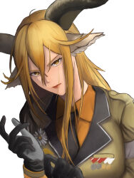 1girl adjusting_clothes adjusting_gloves animal_ears arknights black_gloves black_horns black_necktie blonde_hair bright_pupils closed_mouth commentary_request degenbrecher_(arknights) gloves hair_between_eyes highres horns kuroya_(user_mfgt8742) lapels lipstick long_bangs long_hair looking_at_viewer makeup medal necktie partial_commentary simple_background solo upper_body white_background white_pupils yellow_eyes