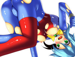 allenby_beardsley ass blue_hair blush bodysuit breasts g_gundam green_eyes gundam hcsb large_breasts mecha_pilot_suit mobile_trace_suit nipples torn_clothes
