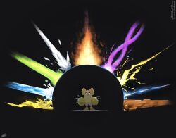 black_background dragon energy energy_barrier ewokakukaede fire gameplay_mechanics gen_7_pokemon highres ice lightning nintendo no_humans oricorio oricorio_(pom-pom) pokemon pokemon_(creature) pokemon_tcg water