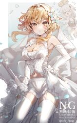 &gt;_&lt; 2girls :/ alternate_costume bare_shoulders basket blonde_hair blush breasts cleavage closed_mouth clothing_request commentary_request dress elbow_gloves flower garter_straps genshin_impact gloves hair_between_eyes hair_flower hair_ornament hand_on_own_hip highres holding holding_basket ichiyume_ichiyu looking_at_viewer lumine_(genshin_impact) medium_breasts midriff multiple_girls navel open_mouth paimon_(genshin_impact) panties short_hair_with_long_locks thighhighs twitter_username underwear veil white_dress white_flower white_garter_straps white_gloves white_panties white_thighhighs white_veil wicker_basket yellow_eyes