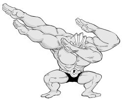 absurdres bad_id bb_(baalbuddy) belt commentary dab_(dance) english_commentary extra_arms full_body gen_1_pokemon greyscale hair_over_eyes highres inactive_account legs_apart machamp monochrome nintendo no_humans pokemon pokemon_(creature) simple_background solo textless_version white_background