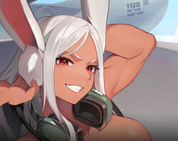1girl aircraft animal_ears arm_behind_head arms_up boku_no_hero_academia breasts commentary commission dark-skinned_female dark_skin english_commentary grin headphones headphones_around_neck headset highres kopam large_breasts long_eyelashes long_hair looking_at_viewer mirko out-of-frame_censoring parted_bangs rabbit_ears rabbit_girl red_eyes smile solo teeth toned toned_female topless_female upper_body white_hair
