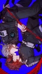 2boys :d absurdres aotsuki_eito armband belt belt_pouch black_pants black_streaks blood blue_background blue_eyes buttons chinese_commentary clenched_teeth cuts eye_contact gakuran glasses gloves grey_hair grimace highres holding holding_scythe hole_in_chest hole_on_body injury last_defense_academy_school_uniform looking_at_another male_focus multicolored_hair multiple_boys open_mouth pants pouch red_hair school_uniform scythe short_hair simple_background smile spoilers streaked_hair sumino_takumi teeth the_hundred_line_-last_defense_academy- upside-down waiaaaaaaa weapon white_armband white_belt white_gloves wide-eyed