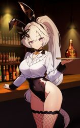 1girl absurdres alcohol animal_ears bar_(place) black_choker black_hairband black_leotard bottle brandy breasts choker commission covered_navel cowboy_shot crop_top fake_animal_ears fishnet_thighhighs fishnets flower frilled_shirt frills gradient_hair hair_flower hair_ornament hairband hand_up highleg highleg_leotard highres holding holding_tray indoors large_breasts leotard long_hair long_sleeves looking_at_viewer mr_tangsuyuk multicolored_hair original pink_eyes ponytail rabbit_ears shirt solo standing thighhighs thighs tray very_long_hair white_hair white_shirt