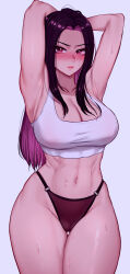 Rule 34 | 1girl, abs, absurdres, armpits, arms up, blush, breasts, cleavage, closed mouth, collarbone, covered erect nipples, dambaepiji maseyo, highleg, highleg panties, highres, joonibell, large breasts, lipstick, long bangs, long hair, looking at viewer, makeup, muscular, muscular female, na seyoung, navel, nose blush, panties, parted bangs, pink eyes, pink lips, purple hair, solo, standing, sweat, thighs, underwear, very long hair