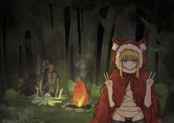 1boy 2girls animal_hood armor black_panties black_souls black_thighhighs blonde_hair campfire cloak commentary_request double_v fire forest full_armor fur-trimmed_hood fur_trim green_hair grimm_(black_souls) highres hood leaf_(black_souls) long_hair multiple_girls nature night panties punching red_cloak red_hood_(black_souls) sidelocks smoke string_panties thighhighs translation_request tree twitter_username underwear v very_long_hair xun_lin_(pixiv_93392103)