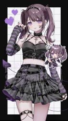 Rule 34 | 1girl, absurdres, arm warmers, bare shoulders, black border, black camisole, black choker, black hairband, black horns, black nails, black skirt, blush, border, borrowed character, breasts, brown hair, camisole, chibi, chibi inset, choker, cleavage, closed mouth, commentary request, commission, cowboy shot, crop top, demon horns, demon tail, grid background, hair ornament, hairband, hand up, highres, holding, holding polearm, holding weapon, horns, long hair, looking at viewer, medium breasts, midriff, multicolored hair, myon rio, nail polish, original, outside border, polearm, purple eyes, purple hair, skeb commission, skirt, smile, spiked hairband, spikes, streaked hair, tail, thigh strap, trident, twintails, twitter username, watermark, weapon, white background, x hair ornament