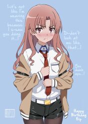 Rule 34 | 1girl, black pantyhose, blush, brown eyes, brown hair, collared shirt, hanamuko (hana muko), highres, jacket, long hair, looking at viewer, makise kurisu, necktie, pantyhose, red necktie, shirai kuroko, shirt, shorts, sidelocks, solo, standing, thigh gap, toaru majutsu no index, very long hair, white shirt