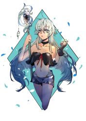 1girl bare_shoulders black_choker breasts choker fingerless_gloves gloves grey_eyes hair_between_eyes highres holding holding_staff huisang0000 long_hair magic navel original short_shorts shorts single_glove small_breasts staff standing white_hair