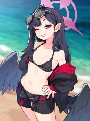 1girl bare_shoulders beach belt bikini black_bikini black_hair black_jacket black_shorts black_wings blue_archive breasts commentary_request day eyewear_on_head grey_eyes grin halo highres ichika_(blue_archive) ichika_(swimsuit)_(blue_archive) jacket korean_commentary long_hair low_wings o-ring o-ring_bikini o-ring_top official_alternate_costume one_eye_closed open_clothes open_jacket outdoors red_belt red_halo shinkiroo10 shorts small_breasts smile solo sunglasses swimsuit wings