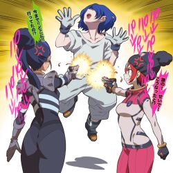 1boy 2girls aiming amate_yuzuriha anger_vein aqua_eyes aqua_shirt aqua_skirt black_hair blue_hair bodysuit breasts closed_mouth finger_on_trigger firing gloves gun gundam gundam_gquuuuuux hair_bun handgun hat highres holding holding_gun holding_weapon keuma long_hair multicolored_hair multiple_girls nyaan_(gundam_gquuuuuux) open_mouth purple_hair red_hair shirt short_hair shuji_ito skirt speech_bubble translation_request two-tone_hair weapon white_shirt