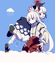2girls blue_background blue_dress blue_hat bow carrying carrying_person closed_mouth collared_shirt dress fujiwara_no_mokou hair_bow hat itomugi-kun kamishirasawa_keine long_hair long_sleeves looking_at_another multiple_girls over_shoulder pants red_bow red_eyes red_pants red_trim shirt simple_background sleeve_belt snow suspenders touhou two-tone_bow walking white_bow white_hair white_shirt