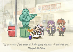 1boy 2girls :3 =_= black_coat black_hair black_pantyhose black_tunic blunt_bangs boots brown_boots capelet chibi chibi_only coat commentary contemporary costco cup disposable_cup dress drinking_straw duckmeat_woohoo elf english_commentary english_text fern_(sousou_no_frieren) food frieren grey_hair highres holding holding_food holding_plate hot_dog jacket james_sinegal jitome kneeling long_hair long_sleeves looking_at_another multicolored_hair multiple_girls no_mouth open_clothes open_coat open_jacket pantyhose parted_bangs pedestal photo_background plate pointy_ears purple_hair real_life red_hair red_jacket sidelocks sousou_no_frieren stark_(sousou_no_frieren) statue supermarket trash_can tunic twintails two-tone_hair white_capelet white_dress