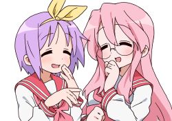 2girls bow closed_eyes giggling glasses hand_to_own_mouth highres hiiragi_tsukasa kicchi_(tmgk) long_hair lucky_star multiple_girls neckerchief open_mouth pink_hair pink_neckerchief purple_hair red_sailor_collar ryouou_school_uniform sailor_collar school_uniform shirt short_hair takara_miyuki white_background white_shirt yellow_bow