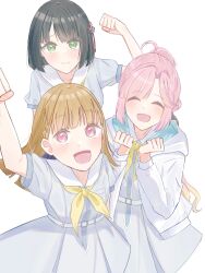 3girls :d ^_^ ahoge anyoji_hime arm_up black_bow black_hair black_ribbon blunt_bangs blunt_ends blush bob_cut bow brown_hair center-flap_bangs clenched_hand clenched_hands closed_eyes closed_mouth commentary dress flower flower_knot green_eyes grey_dress hair_bow hair_flower hair_ornament hair_ribbon hasu_no_shousankaku hasu_no_sora_school_uniform highres kachimachi_kosuzu link!_like!_love_live! long_hair love_live! medium_dress momose_ginko multiple_girls neckerchief open_mouth pink_eyes pink_hair pleated_dress ponytail puffy_short_sleeves puffy_sleeves raised_fist ribbon sailor_collar sailor_dress school_uniform short_hair short_sleeves sidelocks simple_background smile split_mouth summer_uniform tikuwa_l virtual_youtuber white_background white_sailor_collar yellow_neckerchief