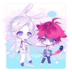 Rule 34 | ..., 2boys, animal ear fluff, animal ears, aotsuki eito, black eyes, black gloves, black hair, black pants, black shoes, blue collar, blue eyes, blush, bound, bound arms, cat boy, cat ears, cat tail, character name, chibi, chibi only, chinese commentary, closed mouth, collar, commentary request, gloves, grey jacket, heart, height difference, highres, holding, holding leash, hood, hood down, hooded jacket, hoodie, jacket, jacket over hoodie, kemonomimi mode, leash, male focus, multicolored hair, multiple boys, open clothes, open jacket, open mouth, pale skin, pants, qiong yuemooc, rabbit boy, rabbit ears, rabbit tail, red collar, red hair, red pupils, semi-rimless eyewear, shoes, short hair, smile, speech bubble, spoken ellipsis, streaked hair, sumino takumi, tail, tareme, the hundred line -last defense academy-, thigh strap, thought bubble, tsurime, two-tone hair, white hoodie, white jacket, white pants, white shoes, yaoi