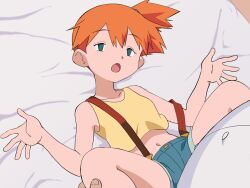 1boy 1girl :o absurdres backpack bag bed_sheet collarbone commentary_request cropped_shirt empty_eyes green_eyes half-closed_eyes hand_on_another&#039;s_leg hands_up head_tilt hetero highres hitsugi_mc lying mind_control misty_(pokemon) navel nintendo no_pupils on_back one_side_up open_mouth orange_hair pokemon pokemon_(anime) pokemon_(classic_anime) pokemon_ep027 shirt shorts spread_fingers spread_legs suspenders suspenders_slip tongue w_arms yellow_shirt