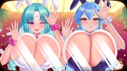 2girls against_glass animal_ears blue_hair bow bowtie braid breasts canal_vorfeed car card cardfight!!_vanguard casino cleavage closed_mouth coin dimension252525 facial_mark forehead_mark gillian_chen gold_coin green_hair highres huge_breasts leotard limousine long_hair looking_at_viewer lost_universe makeup multiple_girls one_eye_closed open_mouth pink_bow pink_bowtie playboy_bunny playing_card purple_bow purple_bowtie purple_eyes rabbit_ears self-upload shiny_skin tongue tongue_out twin_braids upper_body very_long_hair white_leotard window wrist_cuffs yellow_eyes