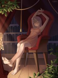 1girl armchair armpits arms_up bare_arms bare_legs bare_shoulders barefoot book bookshelf breasts bright_pupils chair cleavage commentary commission dress english_commentary feet flower full_body grey_hair head_tilt highres indoors long_hair on_chair original parted_lips pink_dress pink_ribbon plant pleated_dress potted_plant ribbon rose short_dress sitting soles solo spaghetti_strap straight_hair toenails toes white_pupils wikate wooden_floor ych_commission yellow_eyes