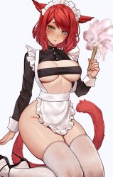 Rule 34 | absurdres, animal ears, apron, blue eyes, blush, breasts, cat ears, cat girl, cat tail, crop top, duster, facial mark, feather duster, green eyes, heterochromia, high heels, highres, holding, holding duster, kneeling, looking at viewer, maid, maid apron, maid headdress, medium breasts, meowrim, original, red hair, short hair, solo, tail, teeth, thighhighs, thighs, turtleneck, white apron, white background, white thighhighs
